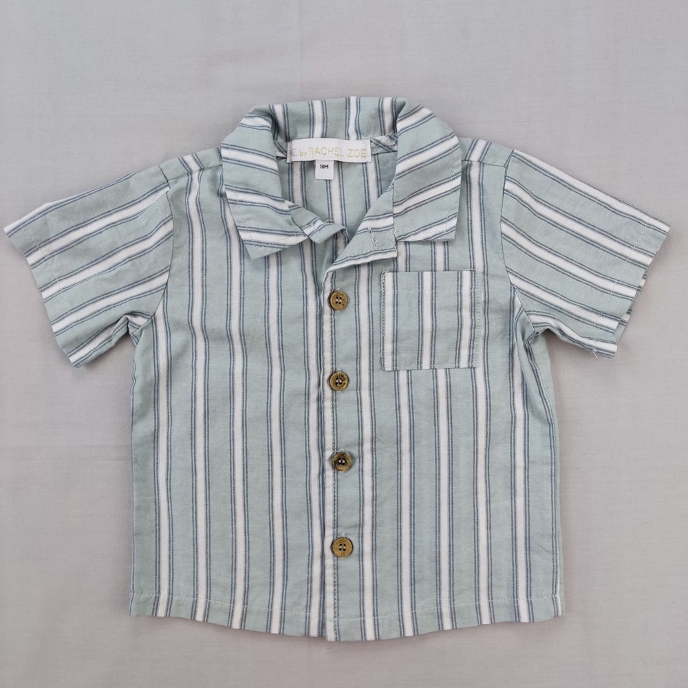 RZ by Rachel Zoe Button Down Kids 18M Green Striped Short Sleeve Camp Shirt